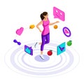 Isometry girl, icons of a healthy lifestyle, the girl is engaged in fitness, jogging, jumping. Bright Advertising Concept