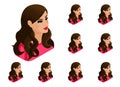 Isometry girl set of hairstyles and emotions, beautiful, bright woman. Qualitative 3D vector isometry
