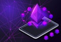 Isometry icon Blockchain Ethereum Crypto Currency Network, analysts and managers working on crypto start up, laptop, tablet, color