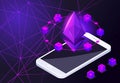Isometry icon Blockchain Ethereum Crypto Currency Network, analysts and managers working on crypto start up, smartphone, tablet