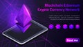 Isometry icon Blockchain Ethereum Crypto Currency Network, analysts and managers working on crypto start up, tablet, colorful back