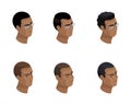Isometry of an icon of a head of a hairstyle of an African-American, 3D faces, eyes, lips, a man`s emotions