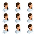 Isometry icons of the emotion of a business woman, 3D heads of hair, faces, eyes, lips, nose. facial expression