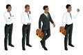 Isometry icons emotions male African American, 3d business men, general manager, attorney. Expression of face, hairstyle