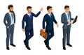 Isometry icons of the emotions of men, 3d business men, CEO, lawyer. Expression of face, hairstyle. Qualitative isometry of people