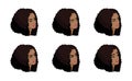 Isometry icons of the head of the business woman`s hairdo, 3D faces, eyes, lips, girl emotions, facial expressions, anger, joy