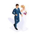 Isometry of a man and a woman at a marriage, a bride and groom, a wedding dress. Man in suit, girl with flowers Royalty Free Stock Photo