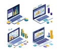 Isometry notebook business analytics concepts. Laptop chart bars diagrams graphs pointers screens, management strategy
