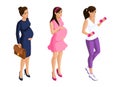 Isometry A pregnant girl in different forms, a business woman, on a walk, goes in for sports. Set of characters