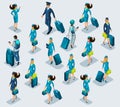 Isometry recruitment of people airport employees, stewardess girl, flight attendants, pilot, passengers flying on vacation