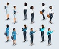 Isometry set of business women. 3d girl African American and European office worker, in business clothes front view and rear view