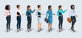 Isometry set of business women. 3D girls African American and European office worker, in business trousers and blouse and trousers