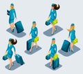 Isometry set of female stewardesses in beautiful strict suits, uniforms, suitcases, things, front view and rear view.