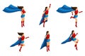 Isometry set of girls, short skirt suit, different poses, 3D super, heroes, rescuers. Vector illustration