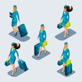 Isometry set of stewardess girls in beautiful strict suits, uniforms, suitcases, gods, bags, front view and rear view. Airport Royalty Free Stock Photo