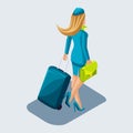 Isometry of the stewardess girl comes with a suitcase and documents, rear view. Work in international airlines