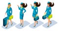 Isometry of the stewardess girl go show. Beautiful hairstyles, bright uniforms, costume. Great set for vector illustrations