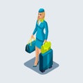 Isometry of a stewardess girl on the international flight, work, suitcases, things. Airport, airplane flight