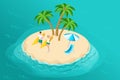 Isometry is a summer illustration with a paradise island for a travel company, a recreation ad with 3D characters,