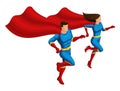 The isometry of the superheroes is a man and a girl in suits, they run to help, the cloak develops, 3D characters