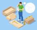 Isomtric man does the assembly of furniture himself at home. Furniture assembly help with man confused by assembly