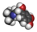 Isoprenaline (isoproterenol) drug molecule. Used in treatment of bradycardia, heart block and asthma. 3D rendering. Atoms are