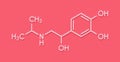 Isoprenaline isoproterenol drug molecule. Used in treatment of bradycardia, heart block and asthma. Skeletal formula.