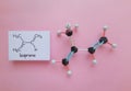 Isoprene molecule. Molecular structure model and structural chemical formula of isoprene.