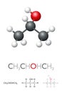 Isopropyl alcohol, CH3CHOHCH3, isopropanol, molecule model and chemical formula