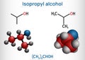 Isopropyl alcohol, 2-propanol, isopropanol, C3H8O molecule. It is isomer of propyl alcohol, used as antiseptic in disinfectants,