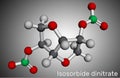 Isosorbide dinitrate, ISDN molecule. It is vasodilator used to treat angina in coronary artery disease. Molecular model. 3D