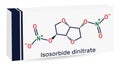 Isosorbide dinitrate, ISDN molecule. It is vasodilator used to treat angina in coronary artery disease. Skeletal chemical formula