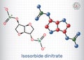 Isosorbide dinitrate, ISDN molecule. It is vasodilator used to treat angina in coronary artery disease. Structural chemical