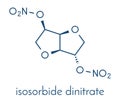 Isosorbide dinitrate ISDN vasodilator drug molecule. Used in treatment of heart related chest pain. Skeletal formula.