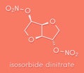 Isosorbide dinitrate ISDN vasodilator drug molecule. Used in treatment of heart related chest pain. Skeletal formula.