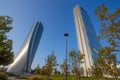 Isozaki Tower and Hadid Tower in `City Life` complex in 3 Torri Milan place, modern buildings and condos, Italy.