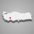 Isparta region location within Turkey 3d map