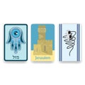 Israel cartoon touristic signs, David tower, Tfilin and Hamsa hand, judica flat set of icons, banners design