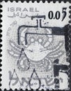 Israel circa 1961: A post stamp printed in Israel showing the symbol Zodiac: Cancer - the Crab