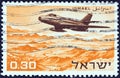 ISRAEL - CIRCA 1967: A stamp printed in Israel shows a Dassault MD.454 Mystere IVA flying over the Dead Sea area, circa 1967.