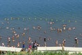 Israel, Dead Sea, 11-05-2019 View of people who float weightlessly on the blue salt water of the Dead Sea. Royalty Free Stock Photo