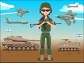 Israel defense forces army banner or poster. IDF soldier also battle tanks & jets plane in a Israel desert