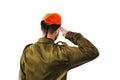 Israel Defense Forces soldier wearing an orange beret salutes. IDF soldier, young israeli, salutes on white isolated background