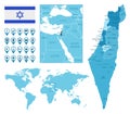 Israel detailed administrative blue map with country flag and location on the world map.