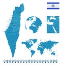 Israel - detailed blue country map with cities, regions, location on world map and globe. Infographic icons