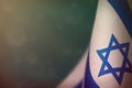 Israel flag for honour of veterans day or memorial day. Glory to the Israel heroes of war concept on light blue dark velvet backgr