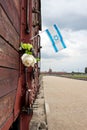 Israel flag in train wagon, Auschwitz