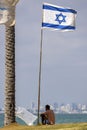 Israel flag wave on blue sky