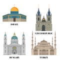 Israel, Hungary, Turkey and Czech Republic travel icons. Country sightseeing symbols, Eastern and European landmarks. Flat archite