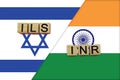 Israel and India currencies codes on national flags background